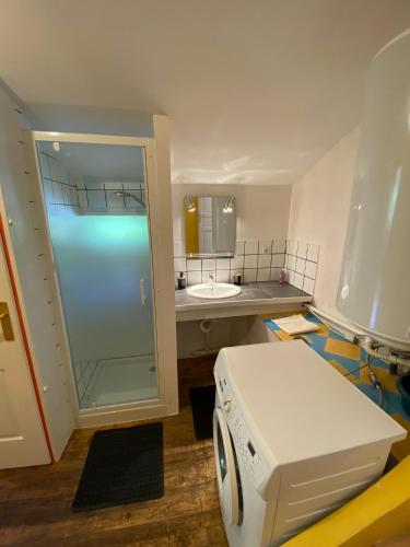 une salle de bain avec une douche en verre et un lavabo dans l'établissement Maison située au Val de Baubère, petite vallée à coté du village de Seix, à Seix