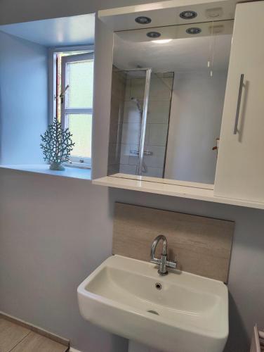 a bathroom with a sink and a mirror at The Lampet Arms in Banbury