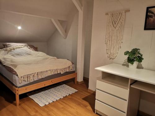 a small bedroom with a bed and a desk at Sielanka Aleksandria in Aleksandria