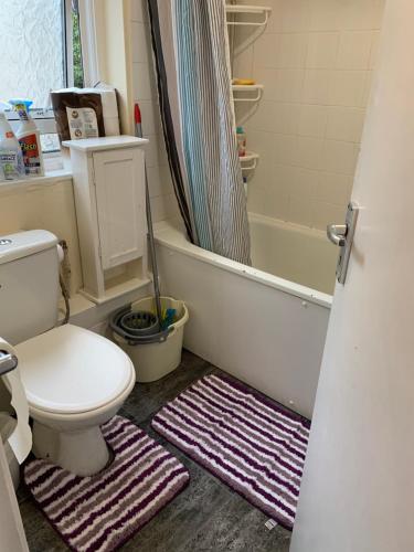 a bathroom with a toilet and a bath tub at Amazing and Lovely 2- Bedroom First Floor Flat in London