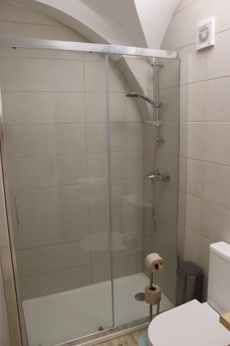 um chuveiro com uma porta de vidro na casa de banho em The Sketchers House - Private Art Gallery em Évora