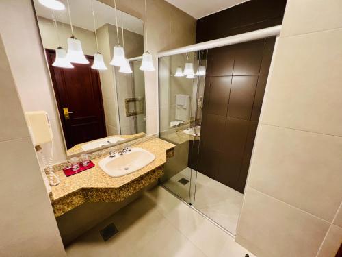 a bathroom with a sink and a mirror at Sabe Center in Asuncion