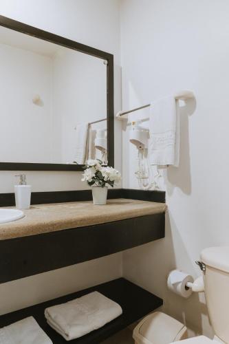 a bathroom with a sink and a mirror and a toilet at Travelers Orange Suites in Medellín