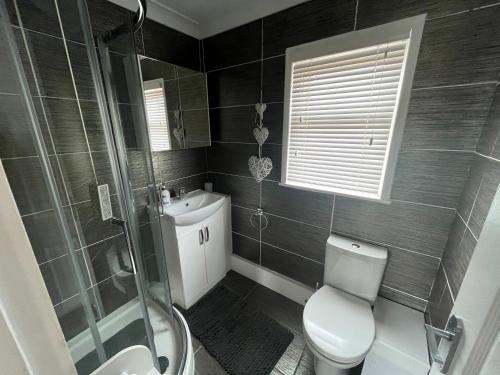 a bathroom with a toilet and a shower and a sink at Lazy Dayz, Chalet 179, Hemsby - Two bed chalet, sleeps 4, free Wi-Fi, pet free, close to beach in Hemsby