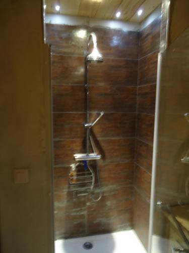 a shower with a glass door in a bathroom at L'Eterlou Chambres d'Hote in Albertville