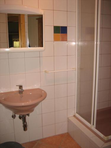 y baño con lavabo y ducha. en Ferienwohnung Hofer, en Pruggern