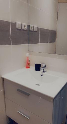 a bathroom counter with a sink and a mirror at Clem in Calais