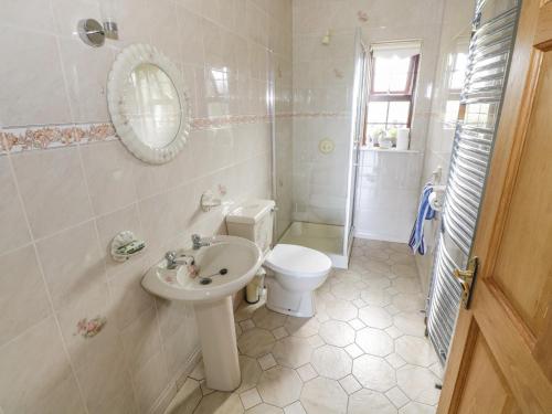 a bathroom with a sink and a toilet and a mirror at Belladrihid Cottage in Ballysadare