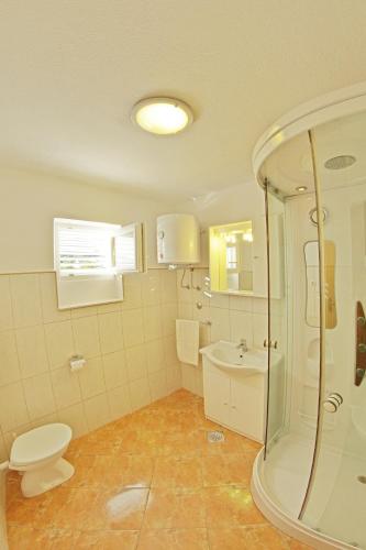 a bathroom with a shower and a toilet and a sink at Apartments with parking space Sumartin, Brac - 12487 in Sumartin