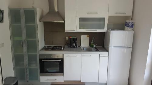 Apartments by the sea Viganj, Peljesac - 12564 في كوتشيشته: مطبخ صغير مع دواليب بيضاء وثلاجة