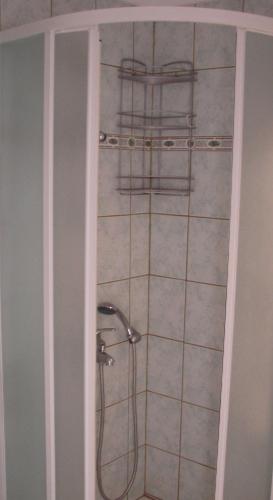 a shower in a bathroom with a shower curtain at Rooms by the sea Brna, Korcula - 12614 in Smokvica
