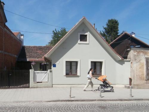 a woman walking with a stroller in front of a house at Apartments with a parking space Samobor, Prigorje - 12869 in Samobor