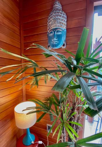a blue mask hanging on a wall next to a plant at CHALÉ MONTANHÊS ALPES in São Francisco de Paula