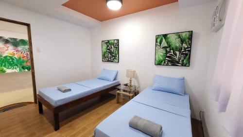 2 Betten in einem Zimmer mit blauen Kissen in der Unterkunft Birmingham Allen 1 & 2 in Allen