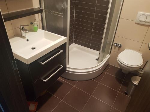 a bathroom with a sink and a toilet and a shower at Apartments by the sea Punat, Krk - 13538 in Punat
