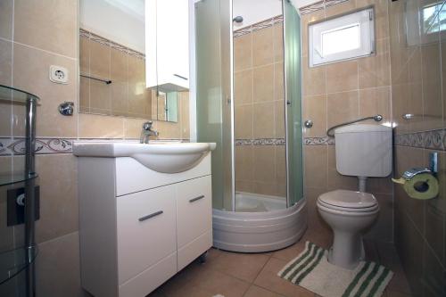 La salle de bains est pourvue de toilettes, d'un lavabo et d'une douche. dans l'établissement Apartments by the sea Tisno, Murter - 13588, à Tisno