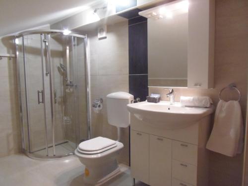 La salle de bains est pourvue d'une douche, de toilettes et d'un lavabo. dans l'établissement Apartments with a parking space Novi Vinodolski - 13597, à Novi Vinodolski