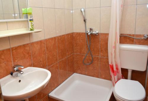a bathroom with a sink and a toilet and a shower at Studio Gradac 13681a in Gradac