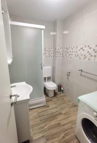 a bathroom with a toilet and a sink and a shower at Apartments with parking space Zavalatica, Korcula - 9690 in Zavalatica