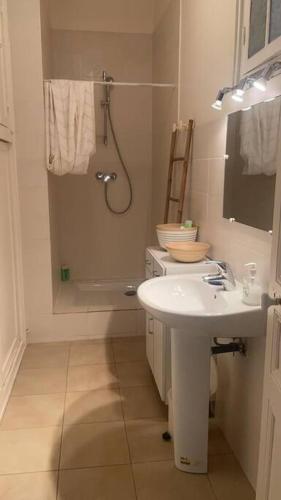 une salle de bain blanche avec un lavabo et une douche dans l'établissement Amazing 2-bedroom apartment in Nice near the beach, à Nice