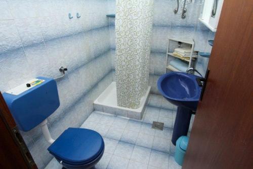 ein Badezimmer mit einem blauen WC und einem Waschbecken in der Unterkunft Apartments with a parking space Sveti Filip i Jakov, Biograd - 14706 in Sveti Filip i Jakov