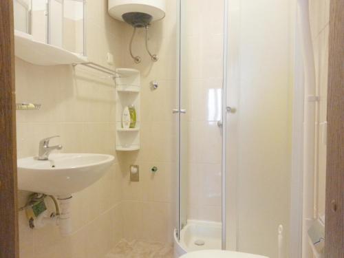 Apartments by the sea Supetar, Brac - 14747 في سوبيتار: حمام مع دش ومغسلة ومرحاض