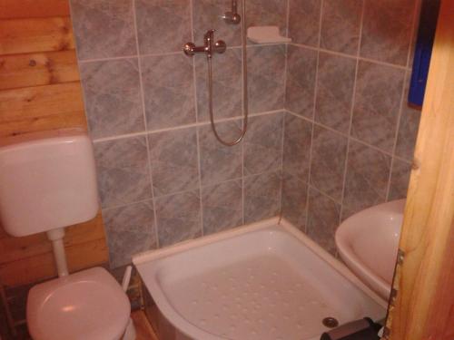 a bathroom with a shower and a toilet and a tub at Secluded fisherman's cottage Cove Komornik, Pasman - 14801 in Pašman