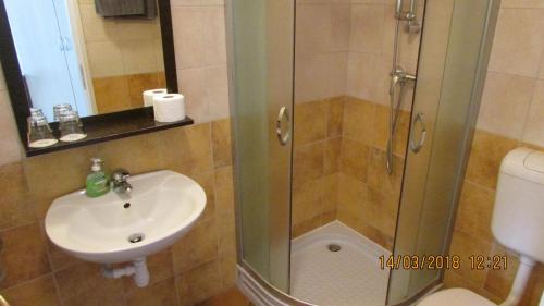 a bathroom with a sink and a shower at Rooms with a parking space Zagreb - 14837 in Zagreb