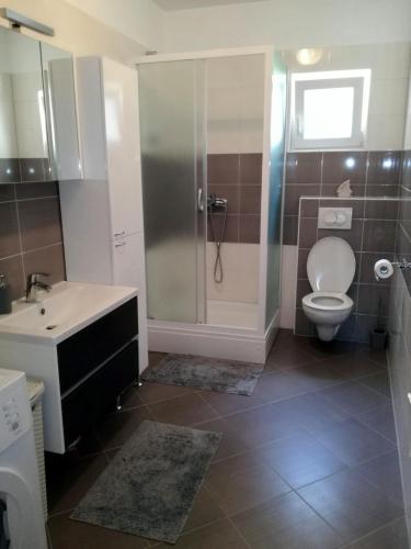a bathroom with a shower and a toilet and a sink at Apartments with WiFi Omis - 14843 in Omiš