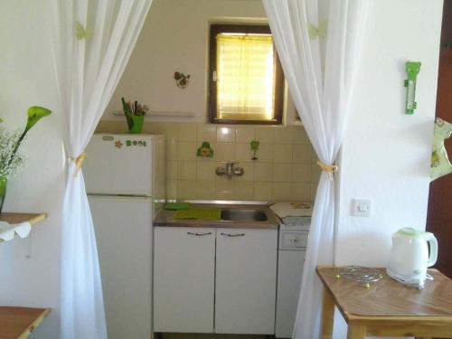 een kleine keuken met een wastafel en een koelkast bij Apartments and rooms with parking space Stari Grad, Hvar - 14888 in Stari Grad