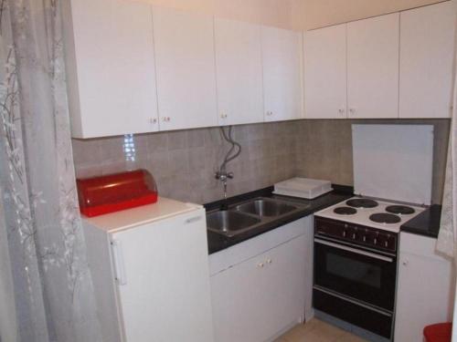 a small kitchen with white cabinets and a sink at Apartments by the sea Prizba, Korcula - 14940 in Prizba