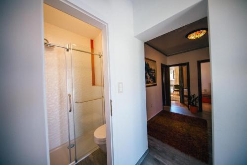 a bathroom with a toilet and a walk in shower at Apartments by the sea Podstrana, Split - 14982 in Podstrana