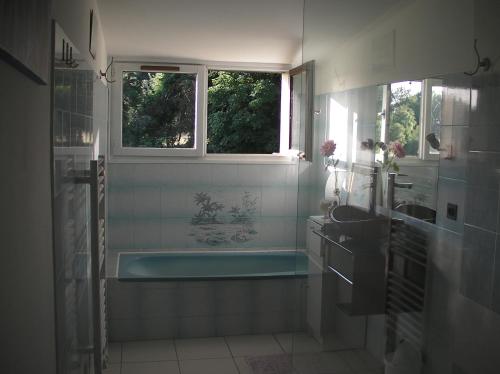 La salle de bains est pourvue d'une baignoire, d'un lavabo et d'une fenêtre. dans l'établissement Le Clos Crista Galli, à Saint-Junien