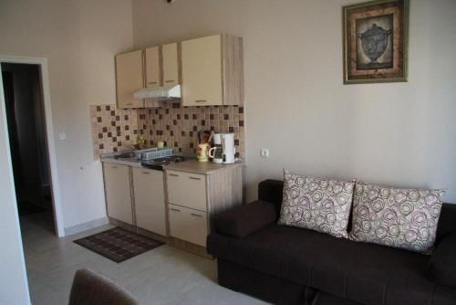 uma sala de estar com um sofá e uma cozinha em Apartment Zaton 15000c em Zaton