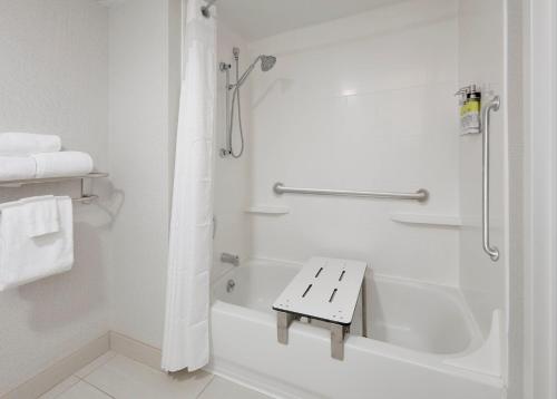 uma casa de banho branca com uma banheira e um chuveiro em Holiday Inn Express & Suites Irving Conv Ctr - Las Colinas, an IHG Hotel em Irving