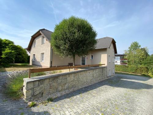 a house with a stone retaining wall and a tree at Vila Heda in Františkovy Lázně
