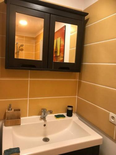 un baño con lavabo y espejo en colymini studio 2 personnes raffiné, en Sourzac