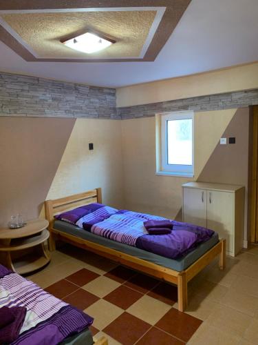 a bedroom with a bed with purple sheets and a window at Penzión Farmárik in Bolešov