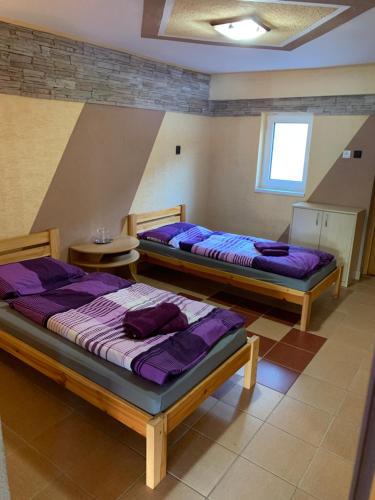 BolešovにあるPenzión Farmárikの紫のシーツが備わる客室内のベッド2台
