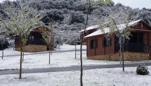 a cabin with snow on the ground next to trees at Kampaoh Cabañeros in Navas de Estena