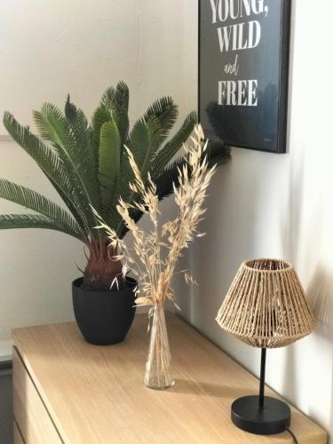 a table with two plants and a lamp on it at Nancy Gare Centre Parking in Nancy