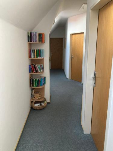 a hallway with a book shelf with books at Andreashof Mörbisch in Mörbisch am See