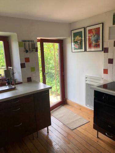 une cuisine avec un comptoir et une porte donnant sur une cour dans l'établissement Les Rosiers, à Eschbourg