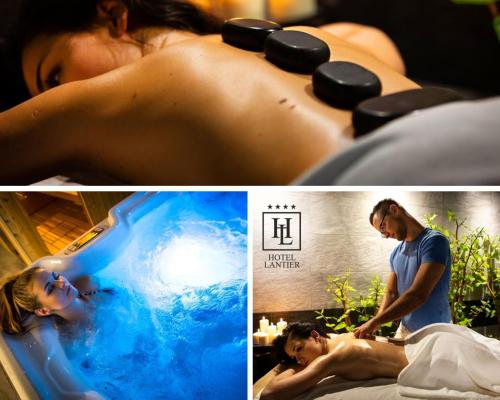 two pictures of a man laying in a bath tub at Hotel Lantier Wellness & Spa in Bytom
