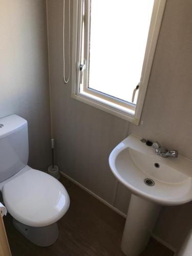 a bathroom with a white toilet and a sink at TSCaravan, Haven, Golden Sands in Mablethorpe