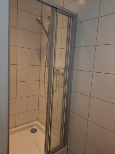 a shower with a glass door in a bathroom at Haus Rauschenbach in Rauschenbach