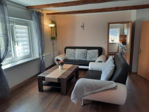 a living room with a couch and a table at Haus Rauschenbach in Rauschenbach