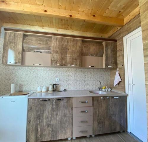 eine Küche mit Holzschränken und einem Waschbecken in der Unterkunft Villa in Rugove, Kosovo in Lekaj