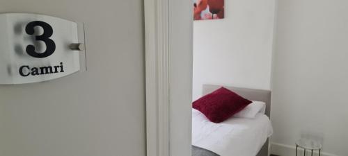 een slaapkamer met een wit bed en een rood kussen bij Camri Room in Denbigh