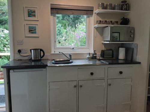 une cuisine avec un comptoir et une fenêtre dans l'établissement Tranquil wood cabin set in a beautiful orchard, à Penzance